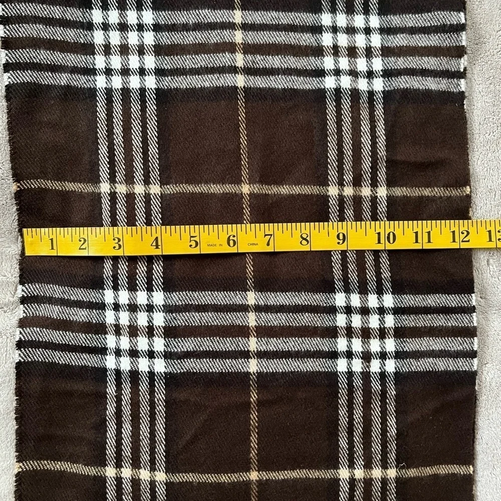 Cashmere 100% Made In Scotland Brown White Plaid Fringe Scarf Unisex One Size